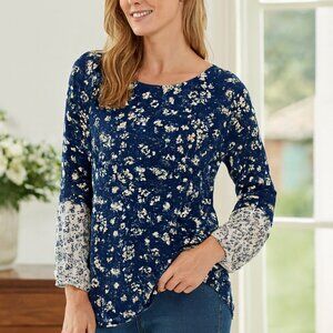 Daisy Fuentes Women 3X Blue Floral Sheer Tunic V Neck Crochet 3/4 Bell Sleeve
